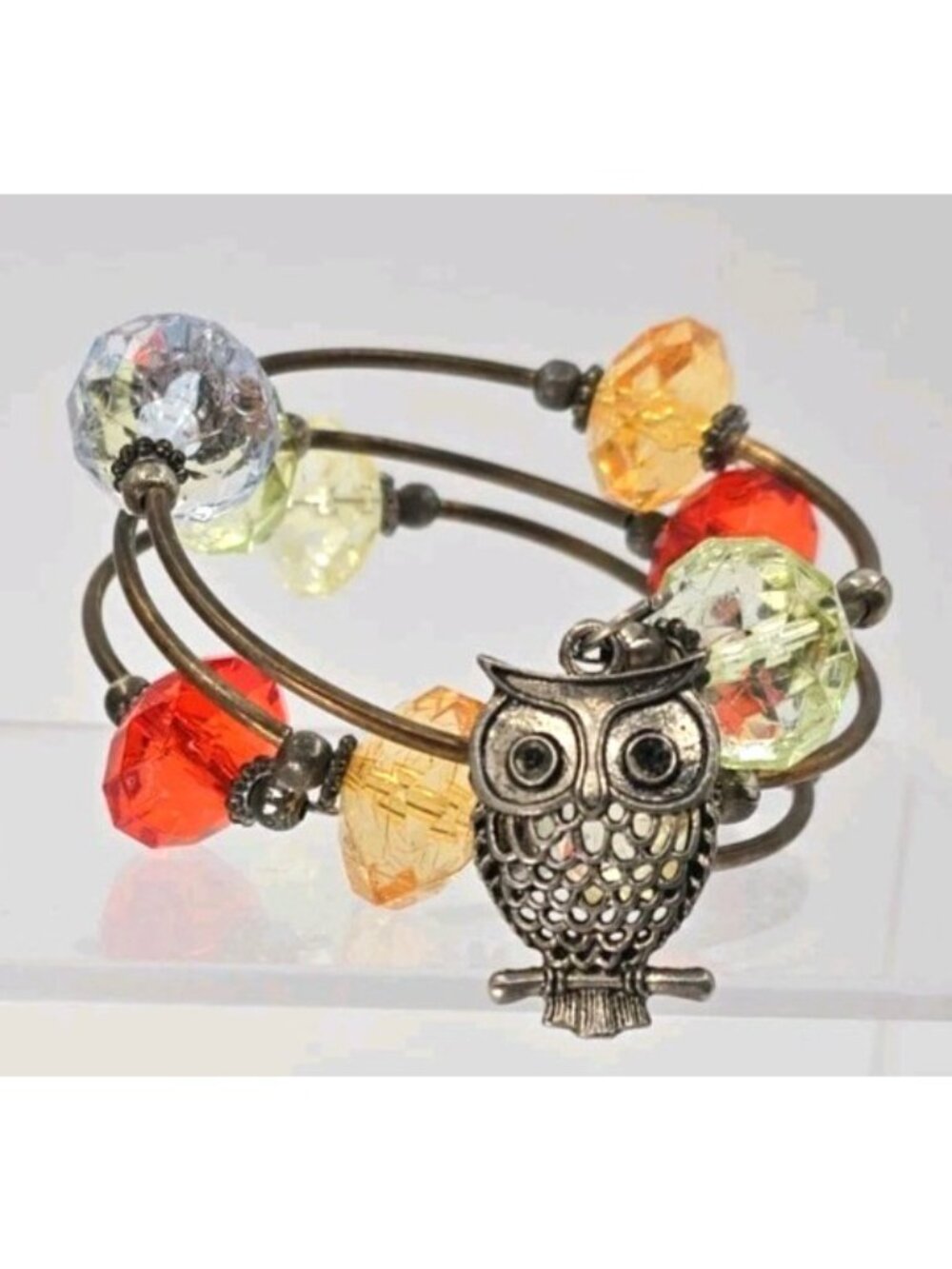 Owl Charm Memory Wire Bracelet Chunky Crystal Bead Wrap Bracelet Fall Colors
